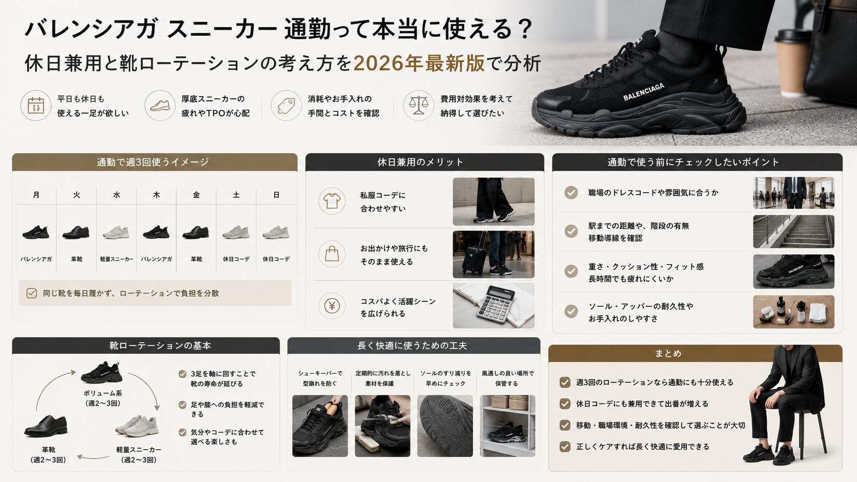 週3回ローテーションで考える通勤スニーカー選び バレンシアガ スニーカー 通勤って週3回使えるのかを休日兼用と費用対効果から解説するイメージ