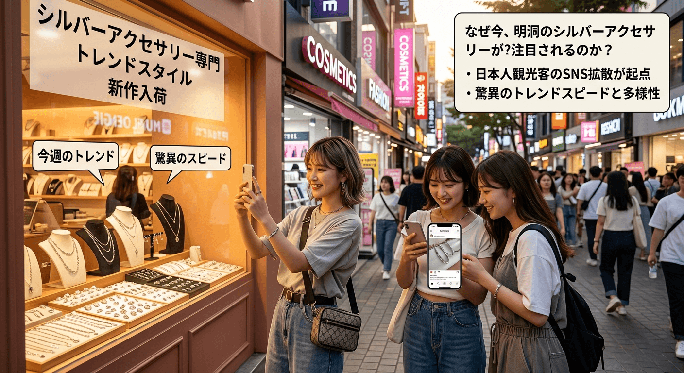 韓国アクセサリー市場の活況 ソウル明洞のショッピング街でアクセサリーを探す人々