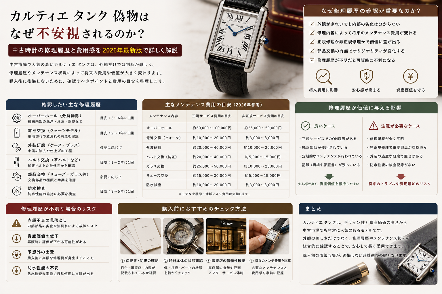 修理履歴とメンテナンス費用で考える中古時計チェック カルティエ タンク 偽物検索が増える背景を修理履歴とメンテナンス費用から解説するイメージ