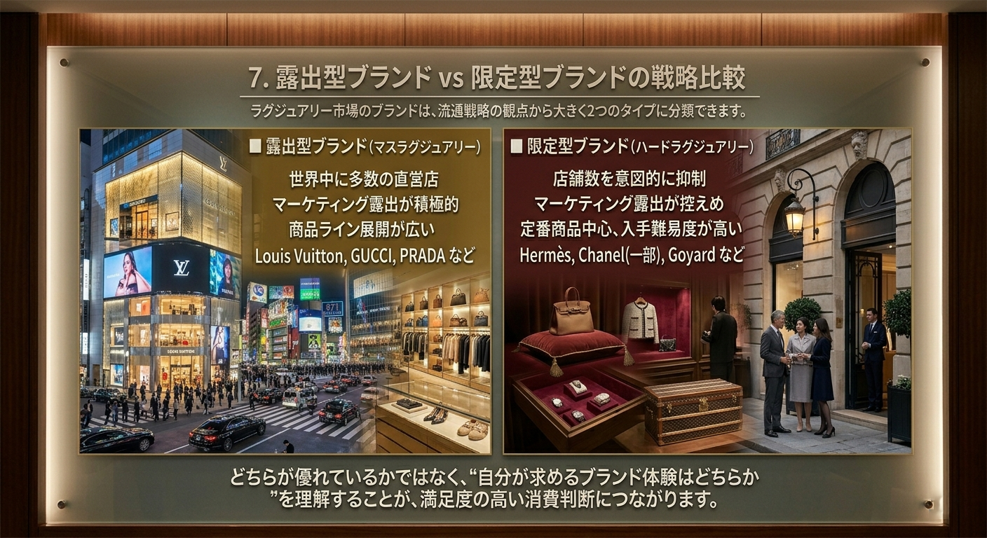 マスラグジュアリー vs ハードラグジュアリー 露出型ブランドと限定型ブランドの戦略比較イメージ