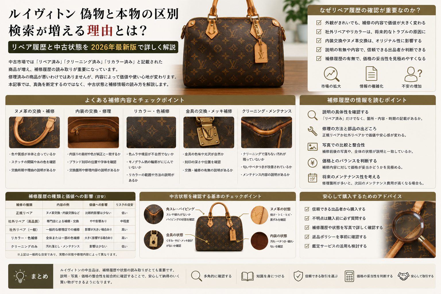 リペア履歴と中古状態で考える購入前チェック ルイヴィトン 偽物検索が増える背景をリペア履歴と中古状態から解説するイメージ