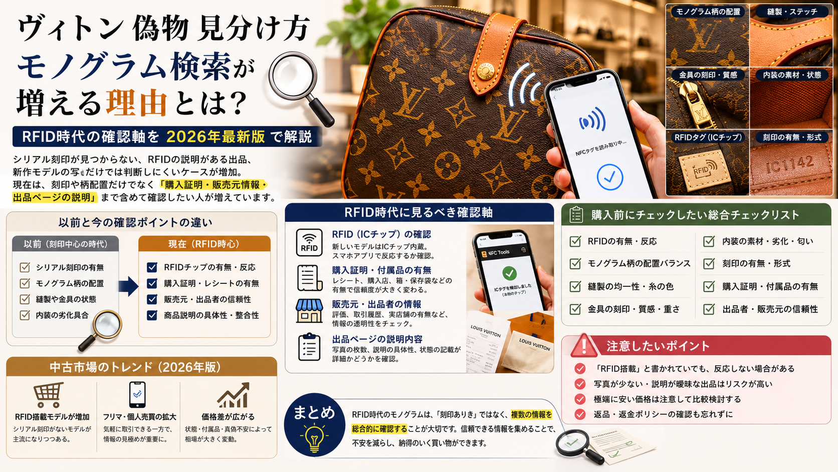 モノグラム柄と中古市場で考える購入前チェック ヴィトン 偽物 見分け方 モノグラム検索が増える背景を中古市場と柄配置から解説するイメージ