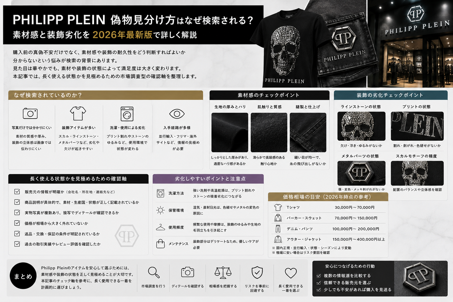 素材感と装飾劣化で考える購入前チェック Philipp Plein偽物見分け方が検索される背景を素材感と装飾劣化から解説するイメージ