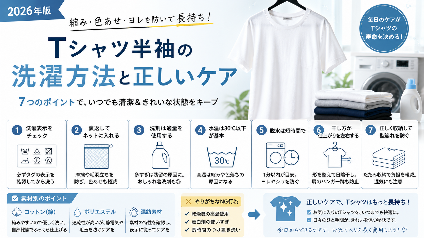 tシャツ半袖の正しい洗濯方法と陰干しケアのイメージ