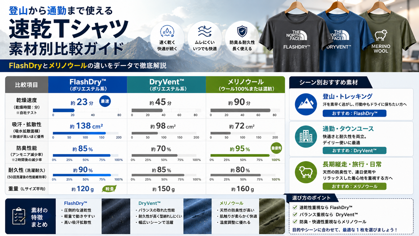登山や通勤で使える速乾Tシャツの素材テクノロジー比較イメージ